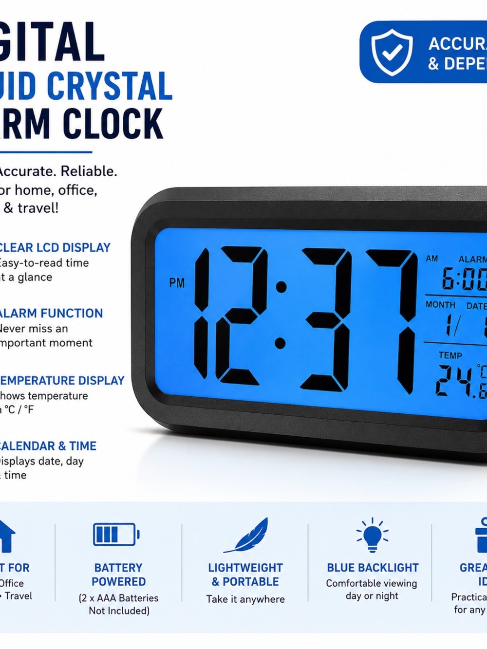 Digital LCD Alarm Clock with Blue Backlight - Black